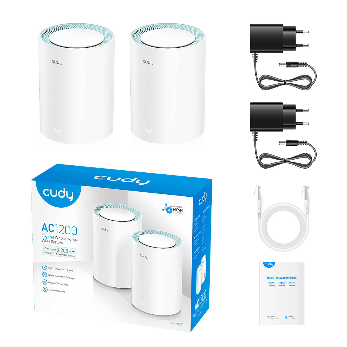 CUDY M1300 (2-Pack) AC1200 Gigabit Mesh Wi-Fi Sistemi — 2