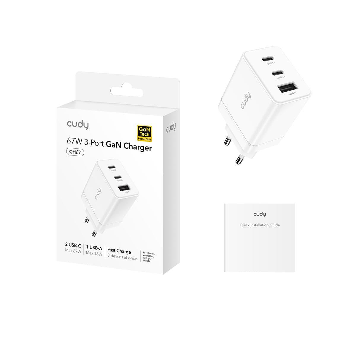 Cudy CH67EU - 3-Port 67W USB-C Charger with EU Plug — 2