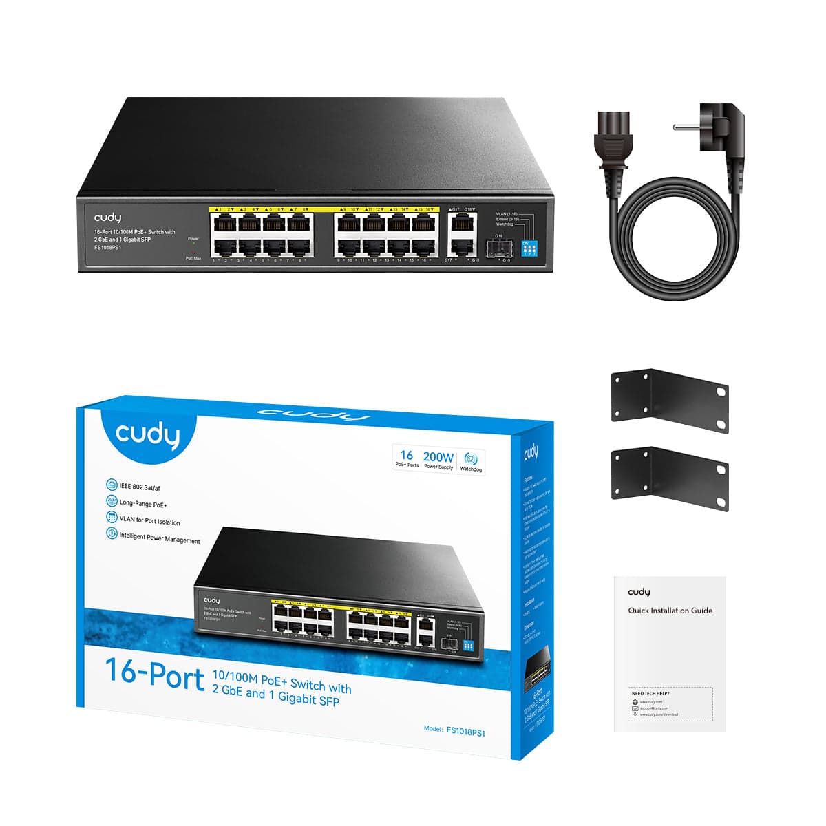 CUDY FS1018PS1 16-Port PoE+ Switch 200W 2 Gigabit Uplink 1 SFP — 2