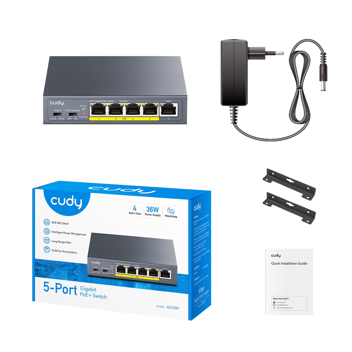 CUDY GS105P 5 Port Gigabit PoE+ Switch 36W — 2
