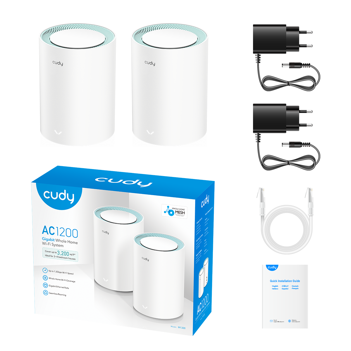CUDY M1300 (2-Pack) AC1200 Gigabit Mesh Wi-Fi Sistemi — 2