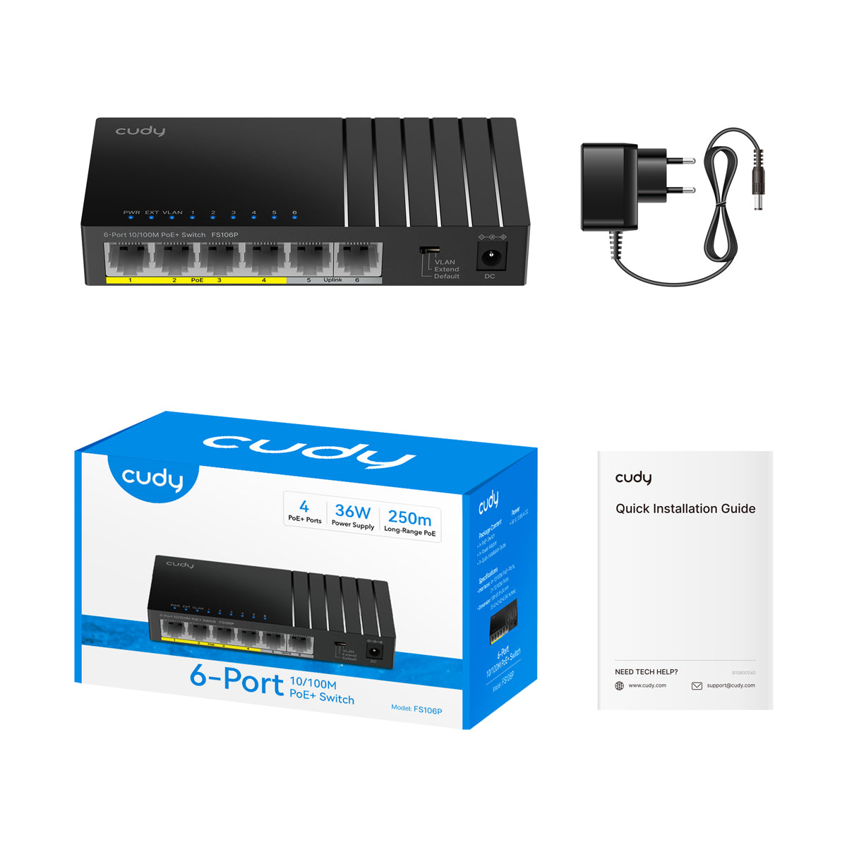 CUDY FS106P 6-Port 10/100M PoE+ Switch 36W — 2